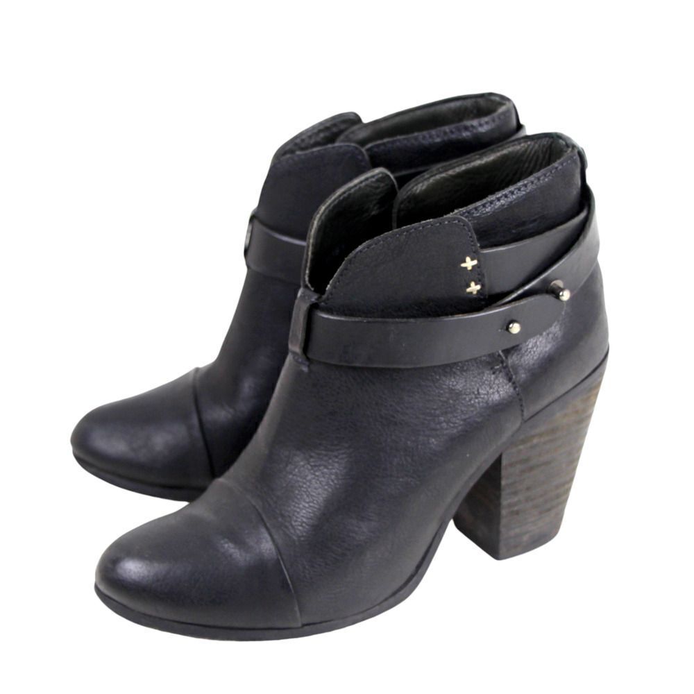 rag & bone NY BLACK GENUINE LEATHER HIGH HEEL ROUND TOE BELTED ANKLE BOOTS Sz 37 - Picture 3 of 9